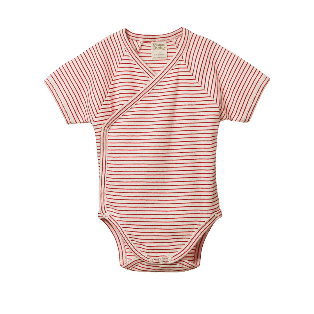 Nature Baby Short Sleeve Kimono Bodysuit - Red Pinstripe