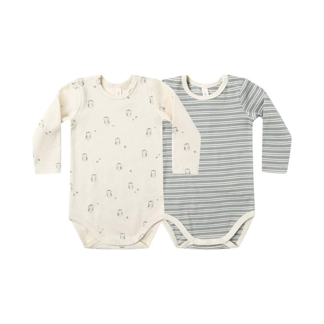 PRE-ORDER Quincy Mae Ribbed Bodysuit, 2 Pack || Steel Blue Micro Stripe, Owls