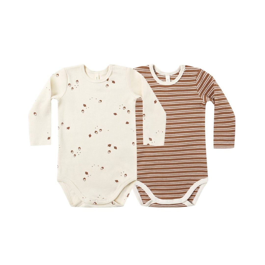 PRE-ORDER Quincy Mae Ribbed Bodysuit, 2 Pack || Cedar Micro Stripe, Acorns