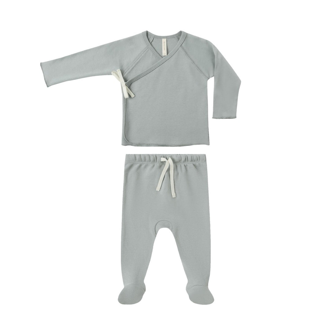 PRE-ORDER Quincy Mae Wrap Top + Footed Pant Set || Steel Blue