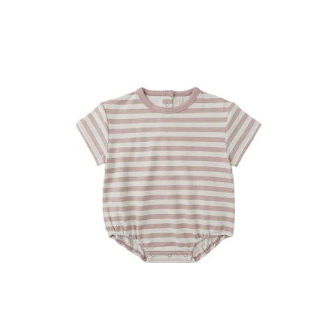 PRE-ORDER Quincy Mae Relaxed Short Sleeve Bubble Romper || Pink Stripe