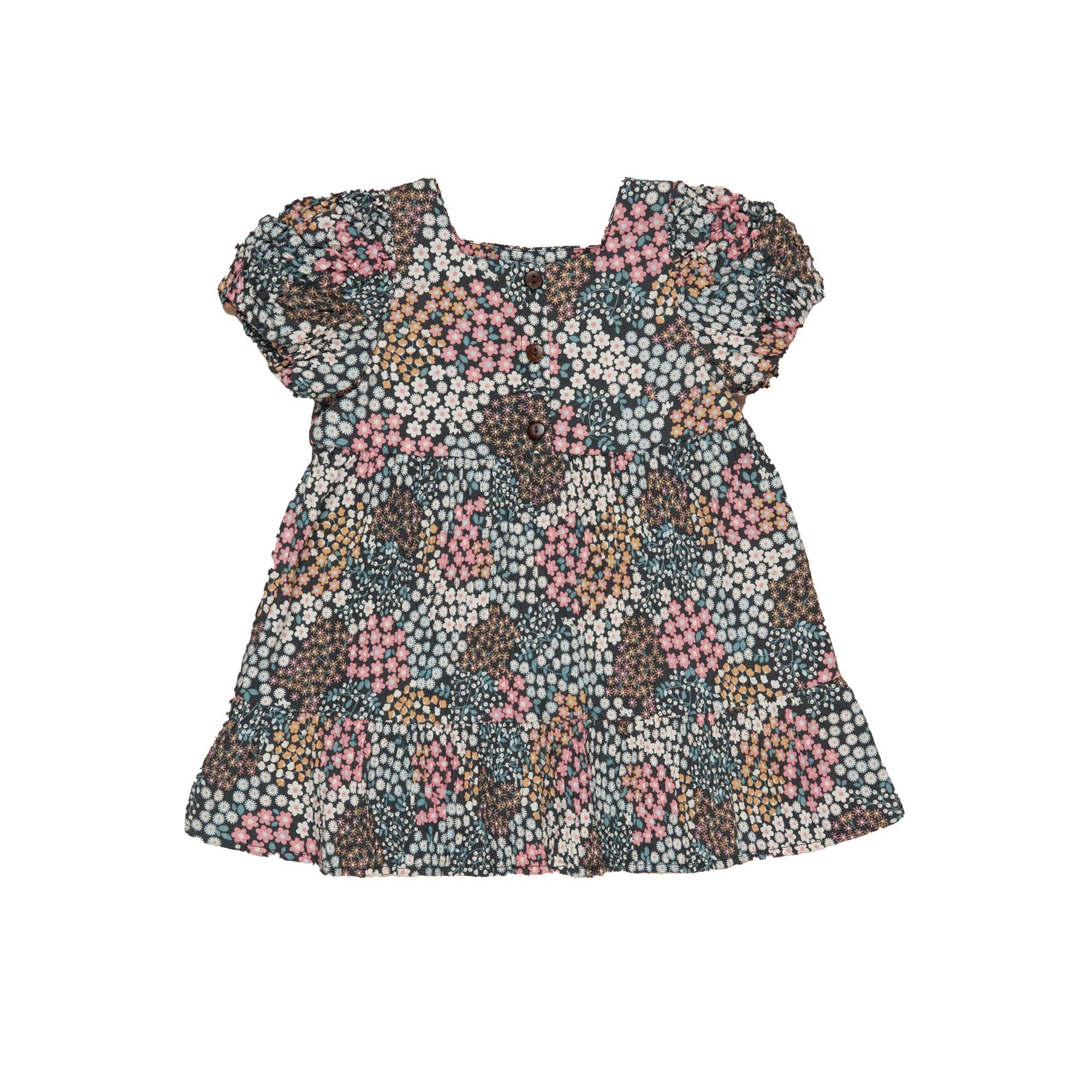 Babyhug Woven Half Sleeves Layered Dress With Floral Corsage & Print - Turquoise