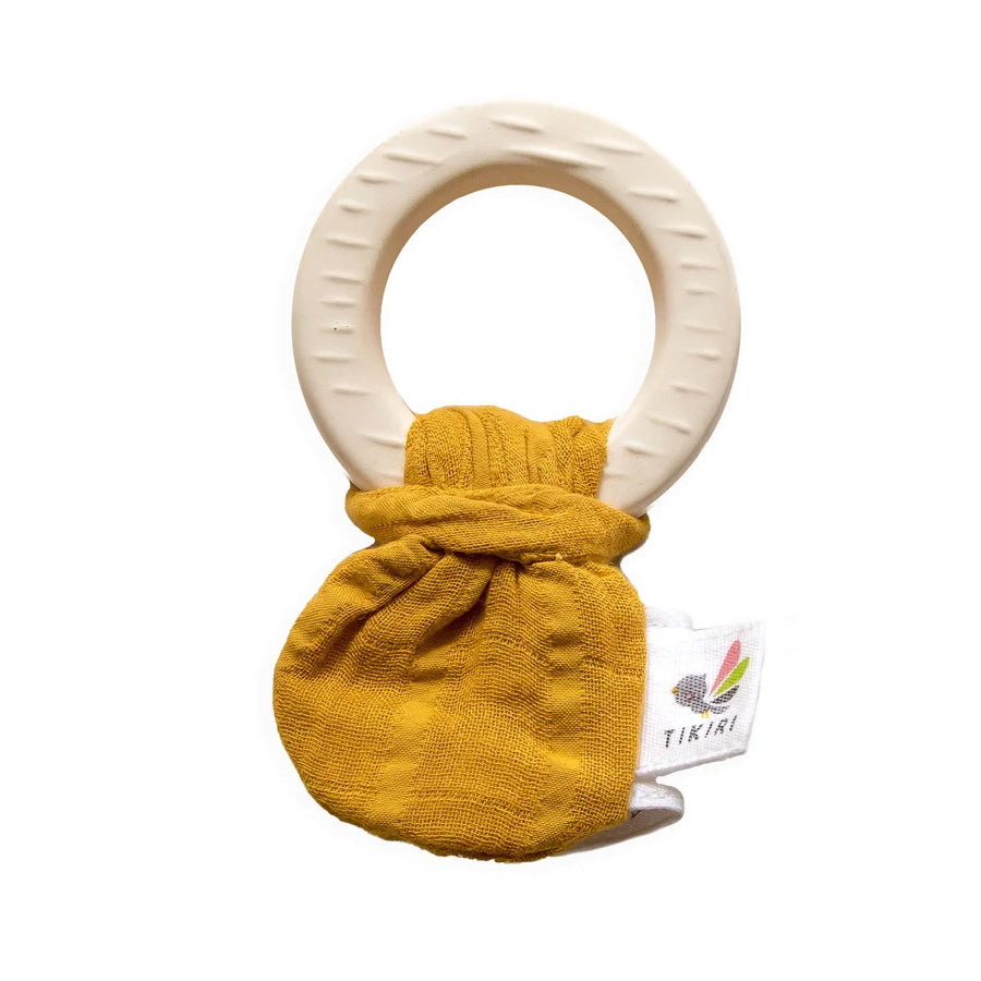 Tikiri Natural Rubber Teether with Muslin Tie - Mustard