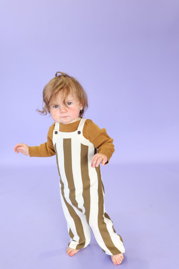 Grown Vertical Stripe Knit Overalls - Coffee