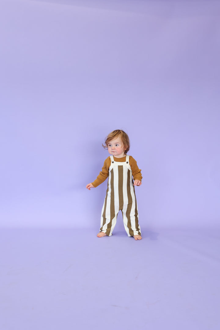 Grown Vertical Stripe Knit Overalls - Coffee