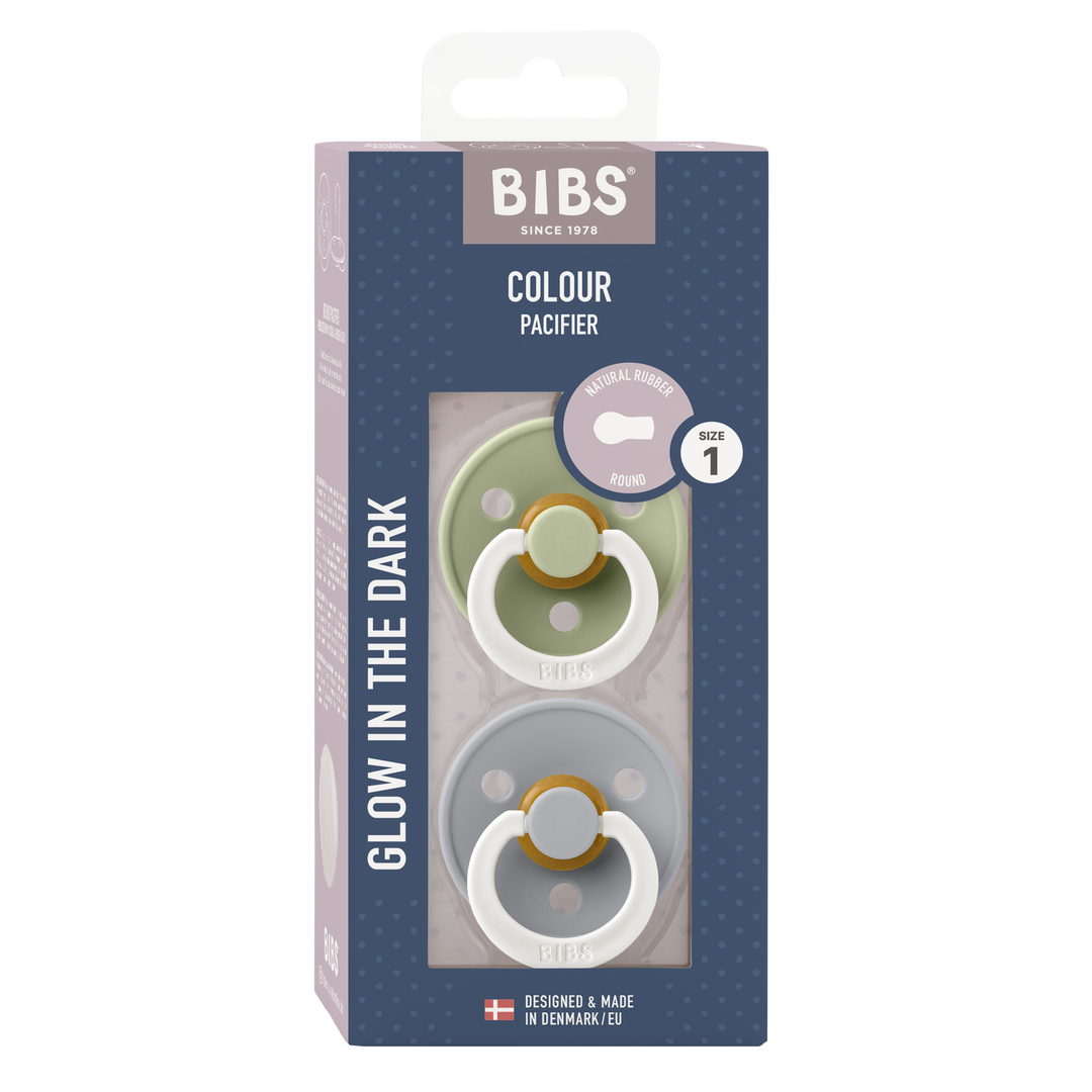 BIBS Colour GLOW Pacifier 2 Pack - Sage/Cloud