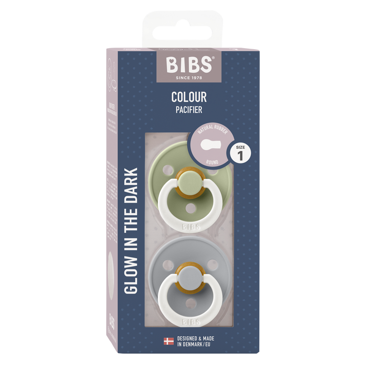 BIBS Colour GLOW Pacifier 2 Pack - Sage/Cloud