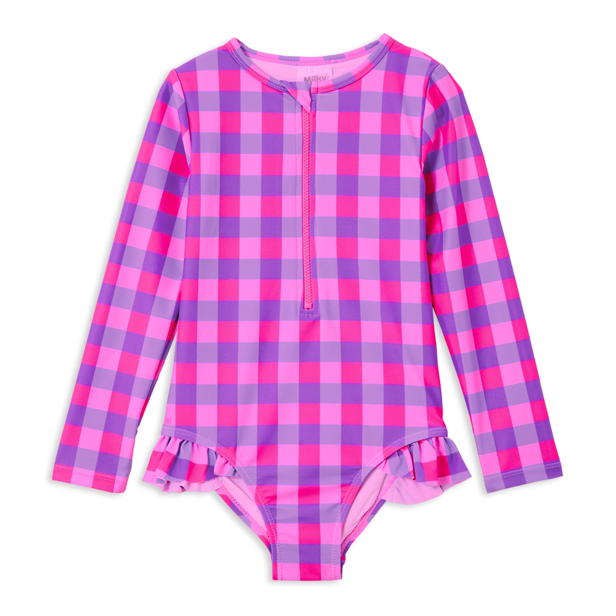 Raspberry Check Long Sleeve Swimsuit