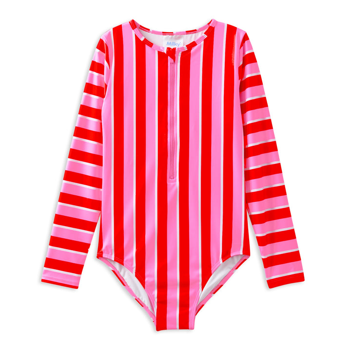 Milky Candy Stripe Long Sleeve Swimsuit