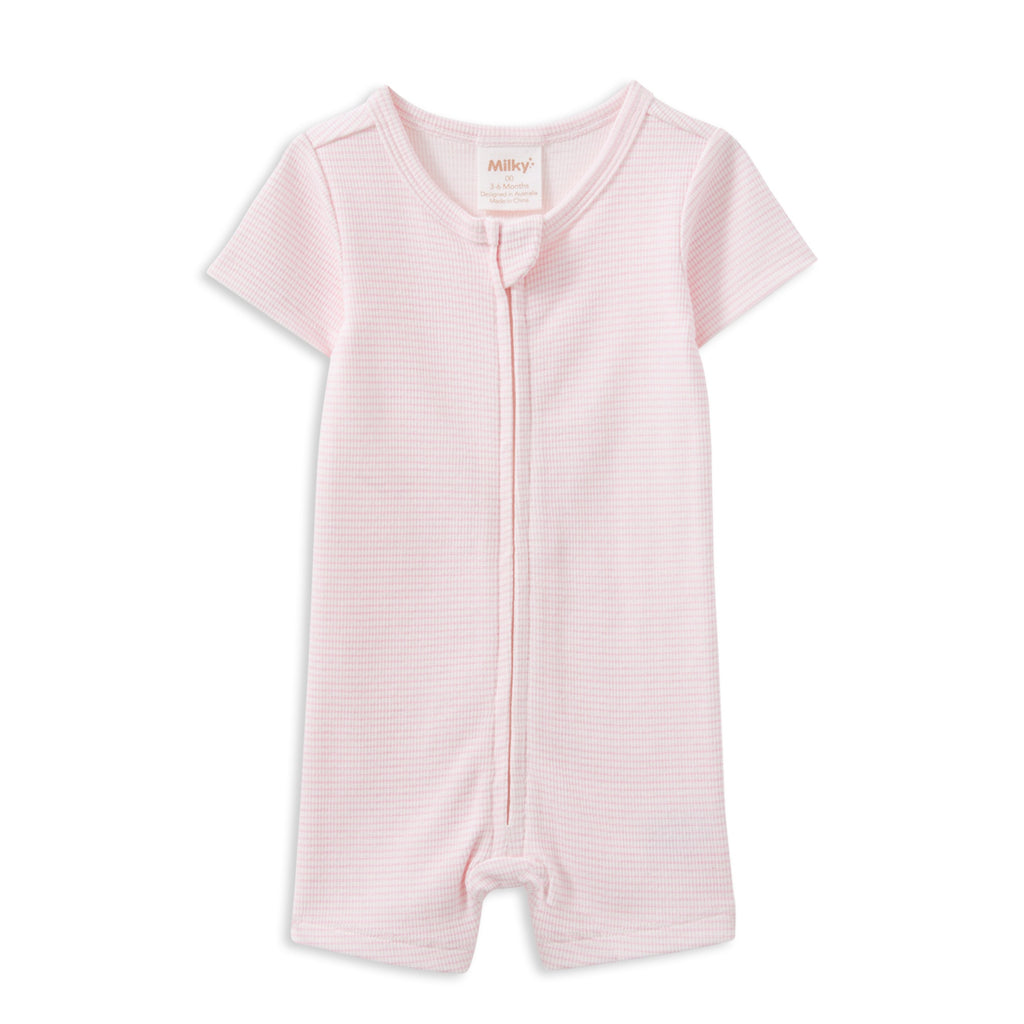 Milky Pink Stripe Rib Zip Romper