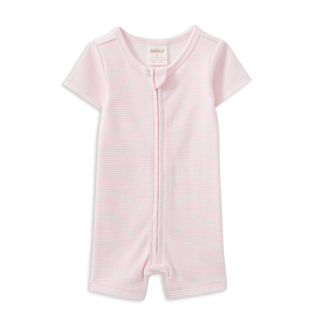 Milky Pink Stripe Rib Zip Romper