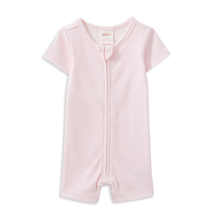 Milky Pink Stripe Rib Zip Romper