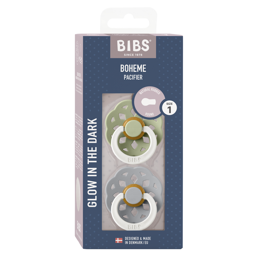 BIBS Boheme GLOW Pacifier 2 Pack - Sage/Cloud