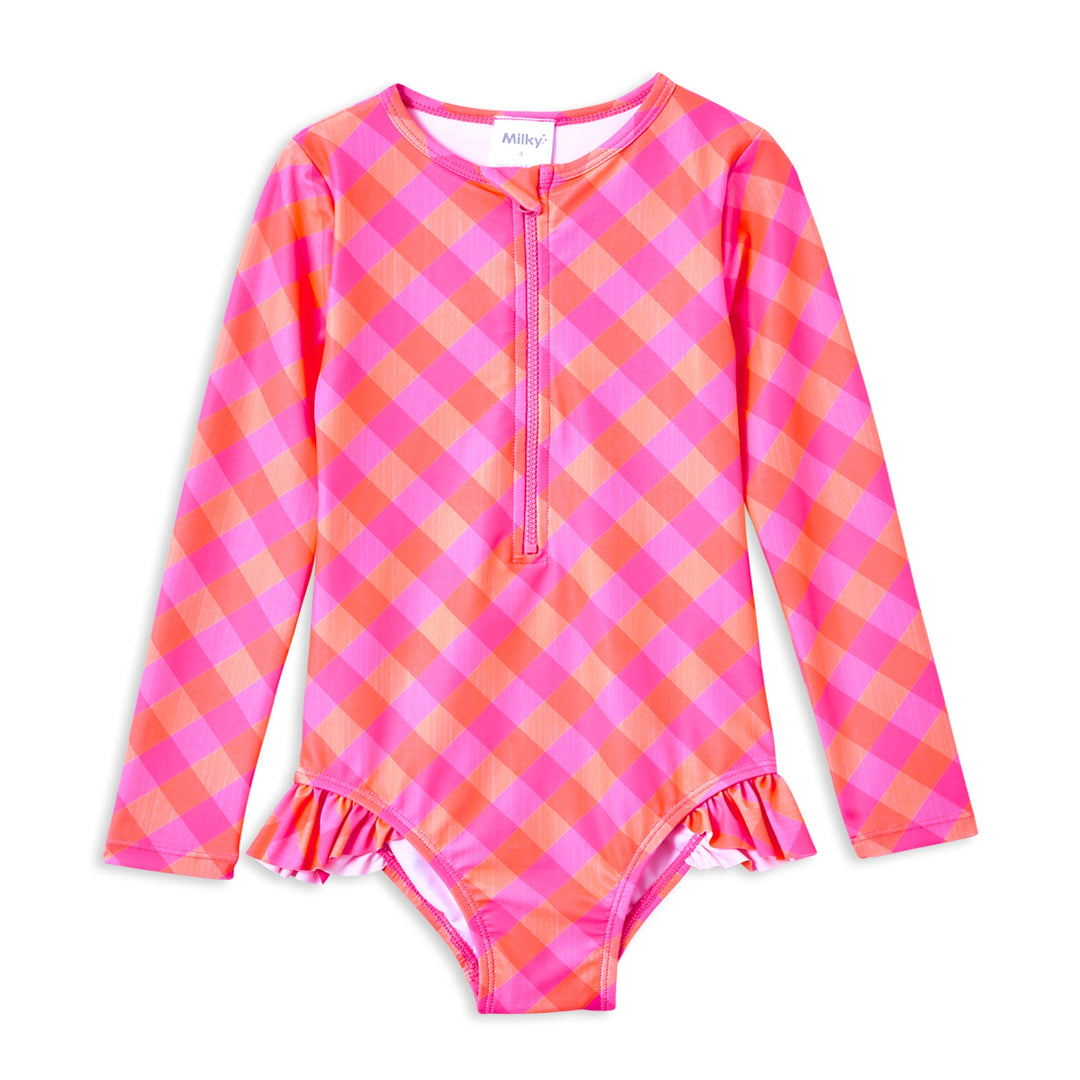 Milky Check Long Sleeve Swimsuit
