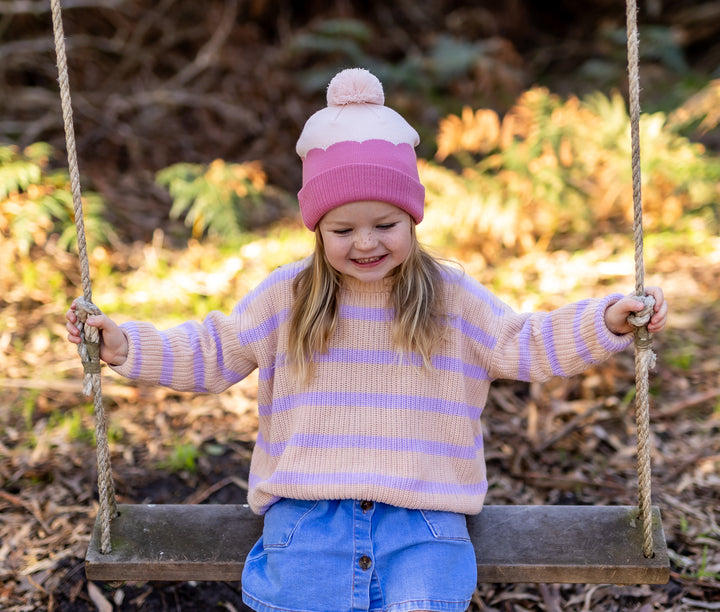 Acorn Scalloped Merino Beanie Pink