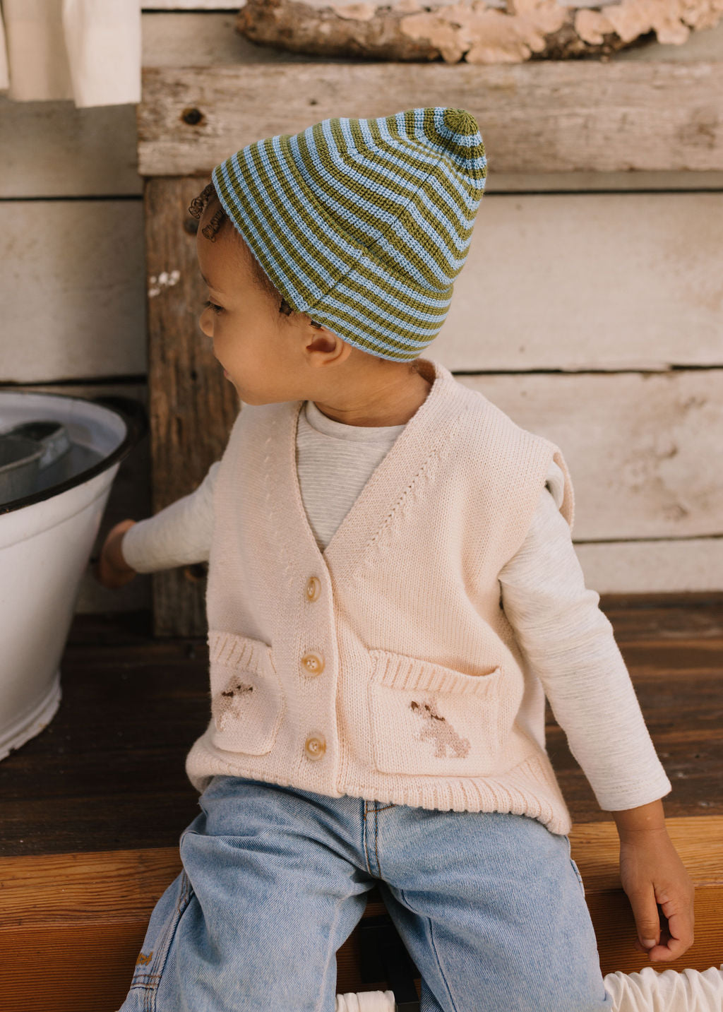 Berlin Merino Beanie Green and Blue Stripe