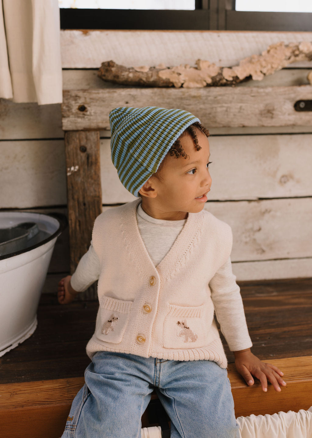 Berlin Merino Beanie Green and Blue Stripe