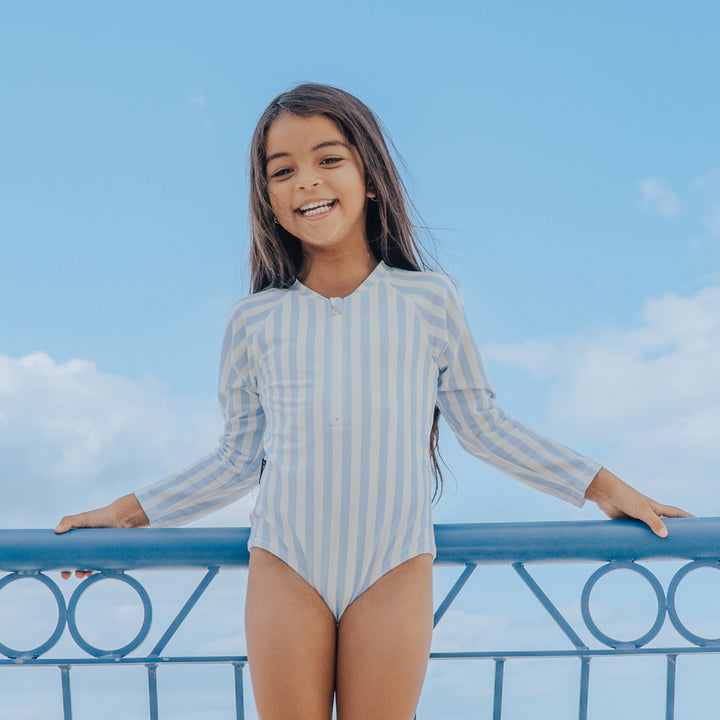 Crywolf Long Sleeve Swimsuit - Sky Blue Stripe