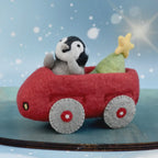 Felt Penguin in Toy Car and Christmas Tree