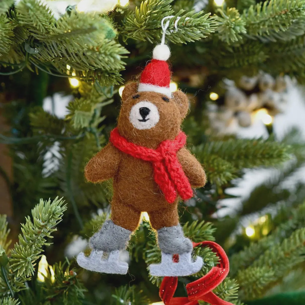 Felt Brown Bear with Ice Skates Ornament