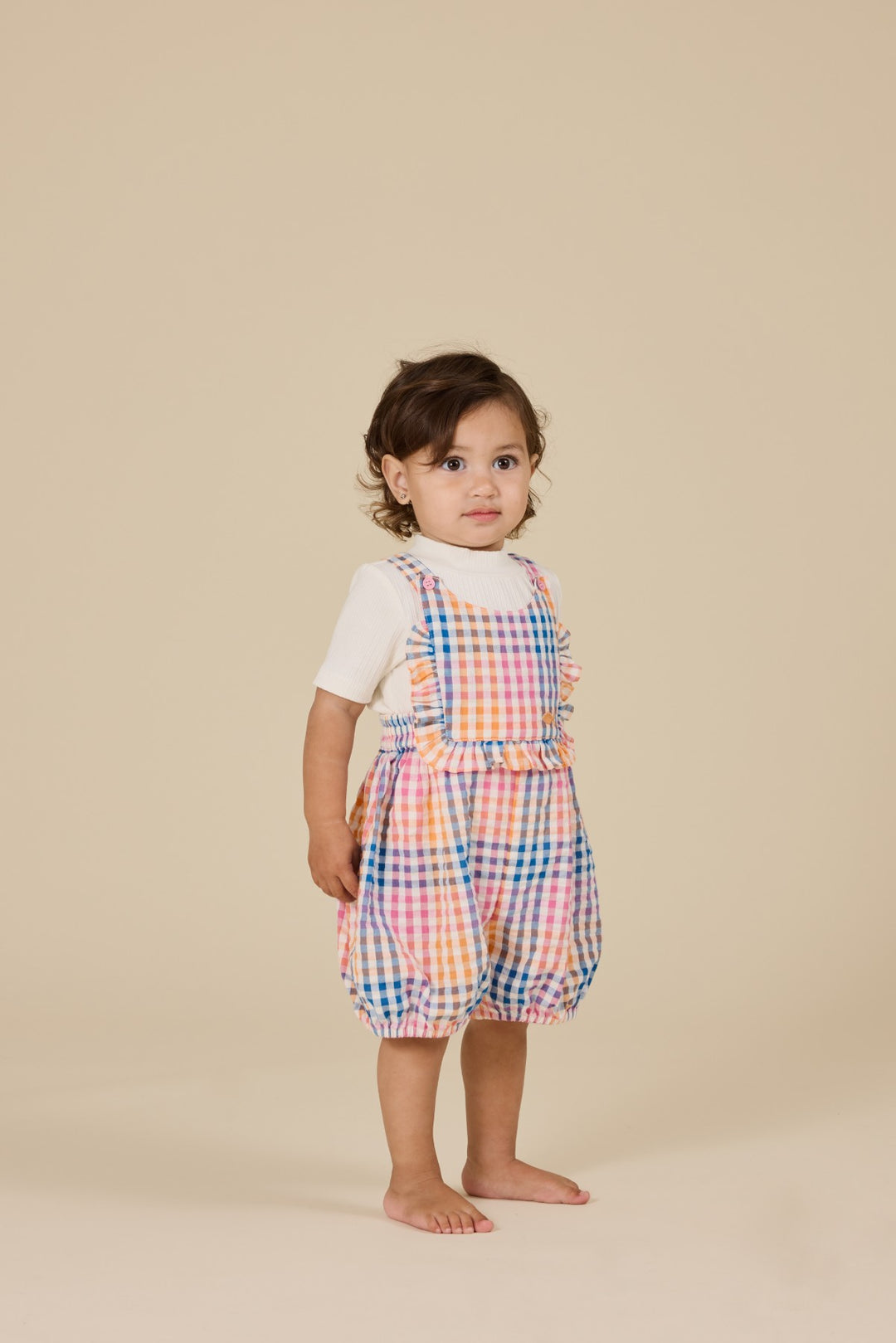 Goldie + Ace Rainbow Gingham Bubble Frill Romper  - Multi