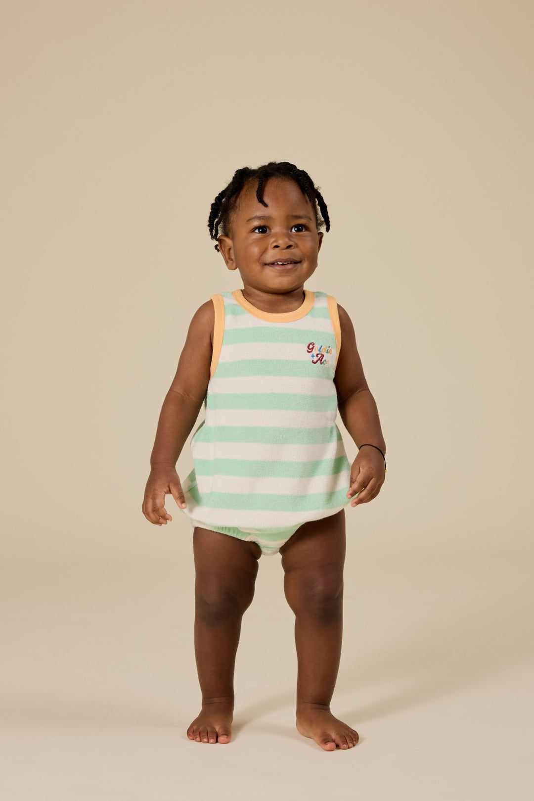 Goldie + Ace Peas In A Pod Stripe Bubble Romper - Peapod/Cloud