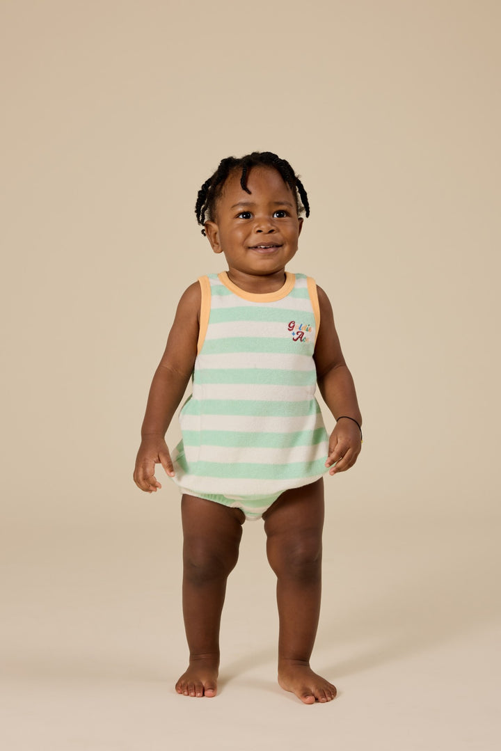 Goldie + Ace Peas In A Pod Stripe Bubble Romper - Peapod/Cloud