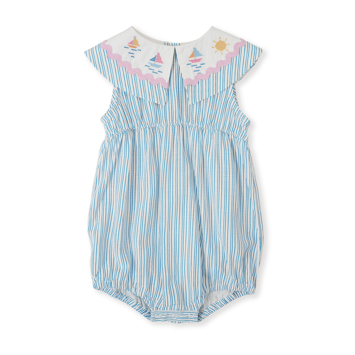 Goldie + Ace Sailor Stripe Ava Collared Romper - Ocean/Ivory
