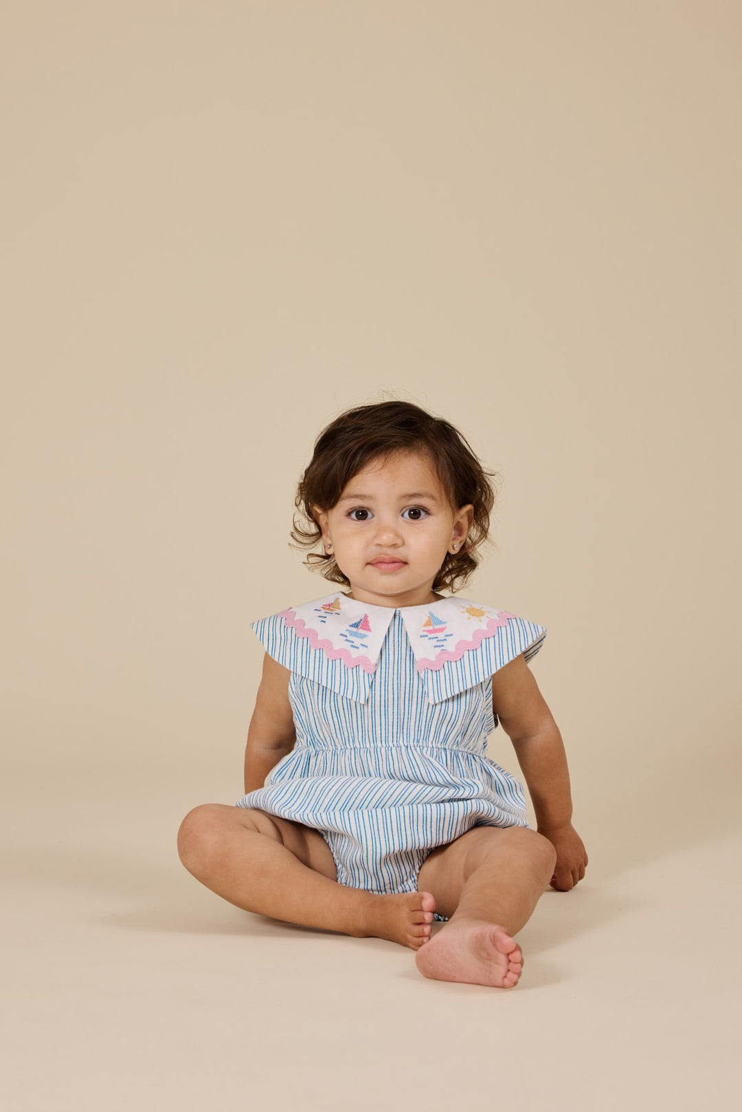 Goldie + Ace Sailor Stripe Ava Collared Romper - Ocean/Ivory
