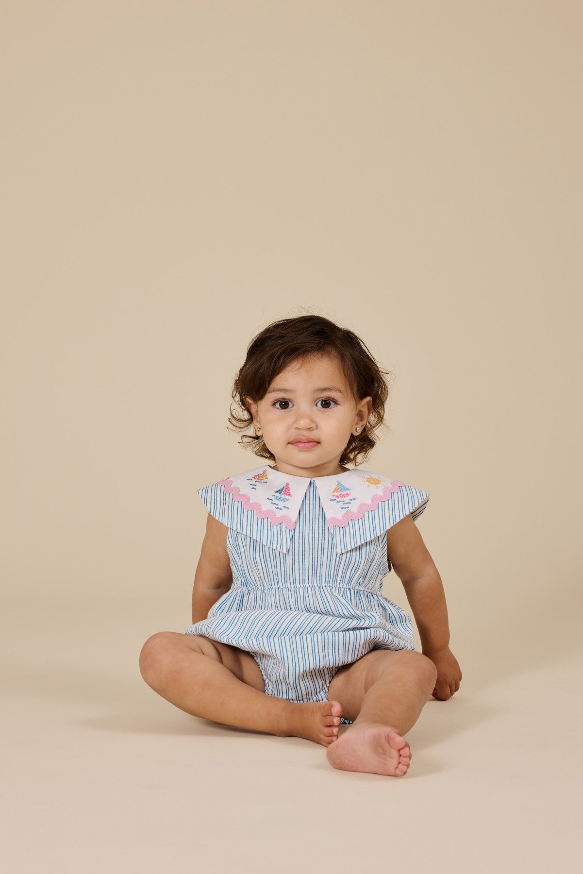 Goldie + Ace Sailor Stripe Ava Collared Romper - Ocean/Ivory