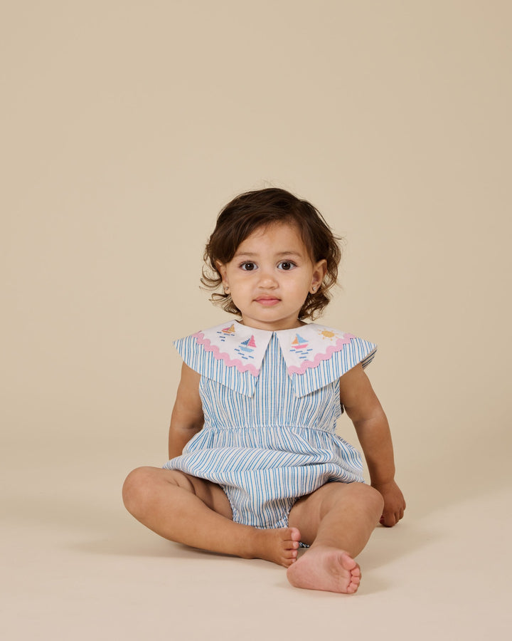 Goldie + Ace Sailor Stripe Ava Collared Romper - Ocean/Ivory