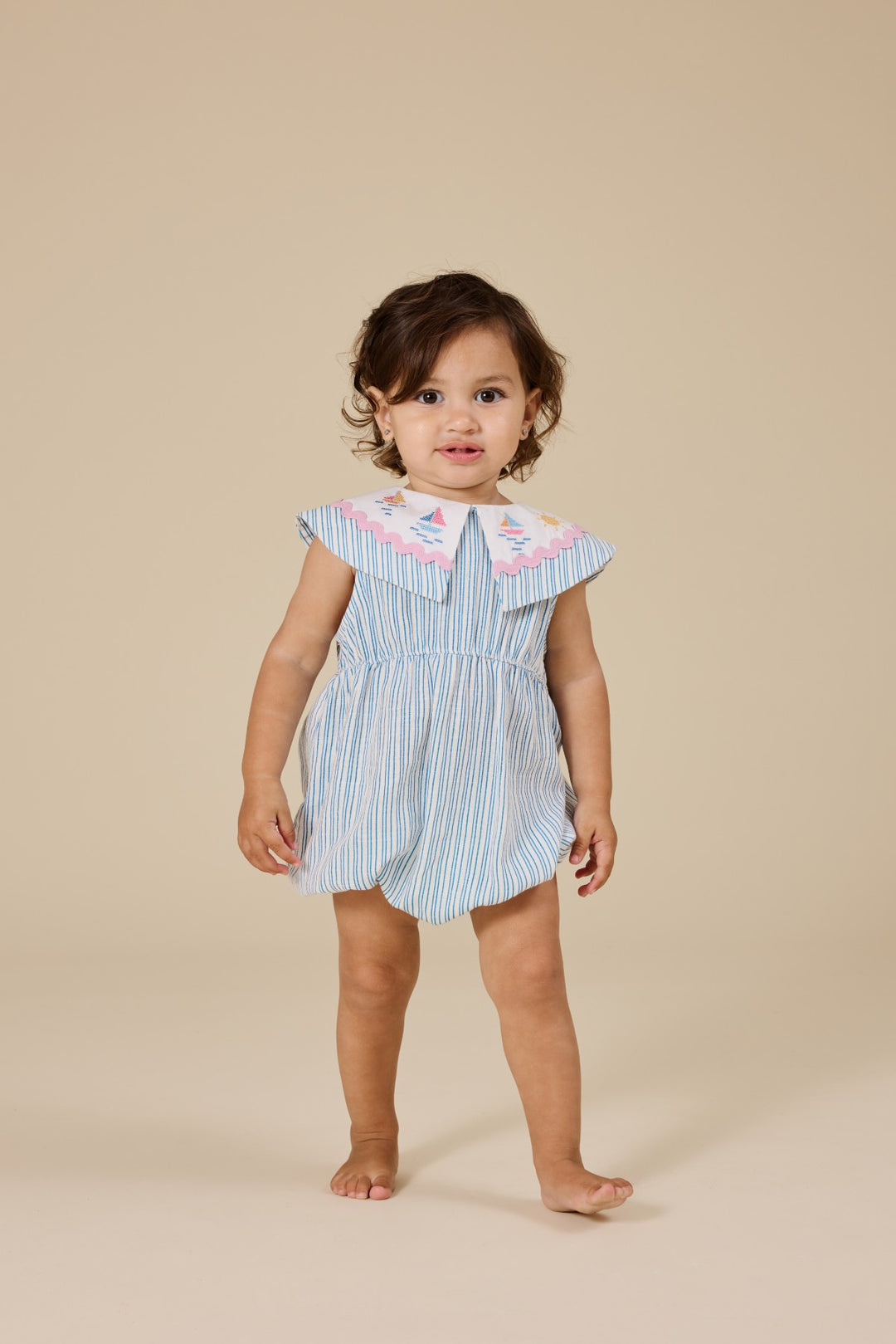 Goldie + Ace Sailor Stripe Ava Collared Romper - Ocean/Ivory