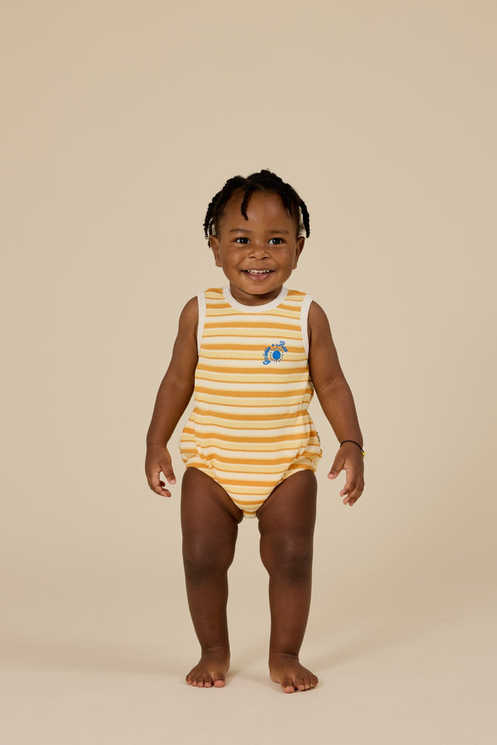 Goldie + Ace Sunshine Stripe Bubble Romper - Lemon/Golden