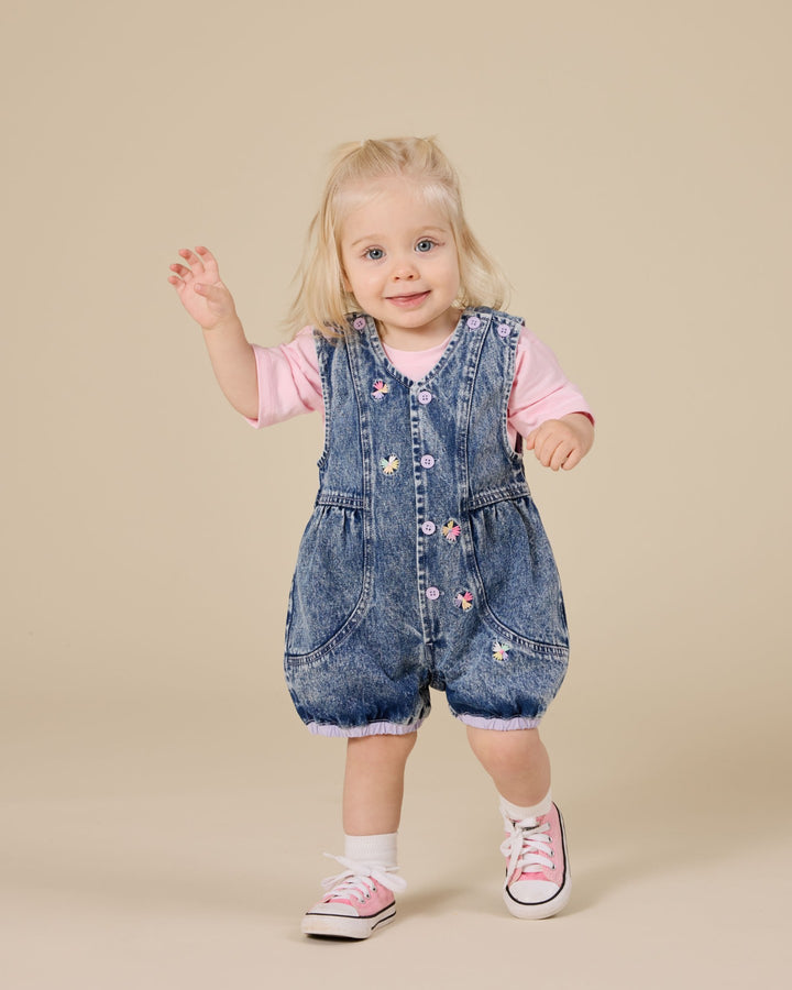 Goldie + Ace Nina Pastel Petals Denim Romper  - Dark Denim