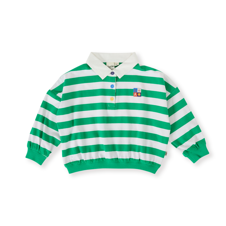 Goldie + Ace Wide Stripe Relaxed Rugby Sweat Top - Forest/Cloud