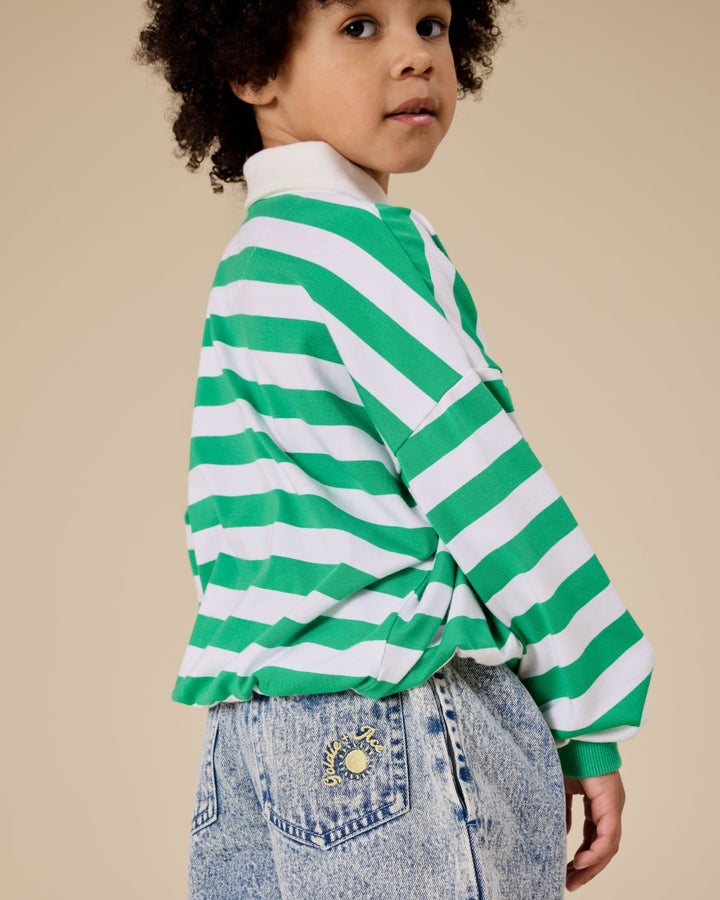 Goldie + Ace Wide Stripe Relaxed Rugby Sweat Top - Forest/Cloud