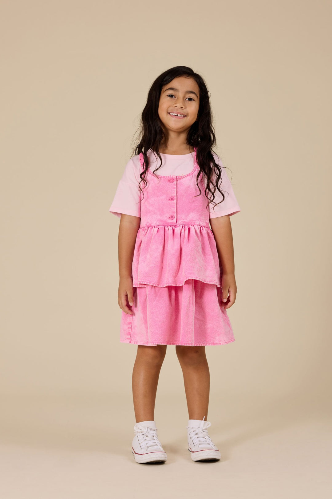 Goldie + Ace Saskia Denim Frill Pinafore Dress - Pink Lemonade