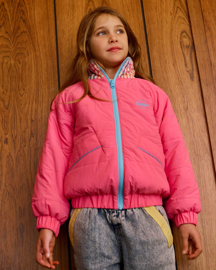 Goldie + Ace Rainbow Gingham Reversible Puffer Jacket - French Rose/Rainbow