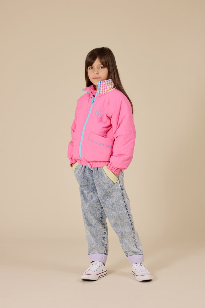 Goldie + Ace Rainbow Gingham Reversible Puffer Jacket - French Rose/Rainbow