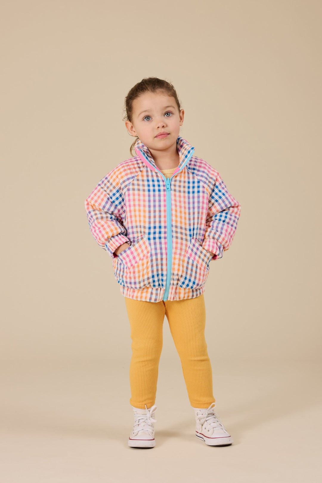 Goldie + Ace Rainbow Gingham Reversible Puffer Jacket - French Rose/Rainbow