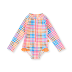 Goldie + Ace Rainbow Gingham Long Sleeve Frill Swimsuit