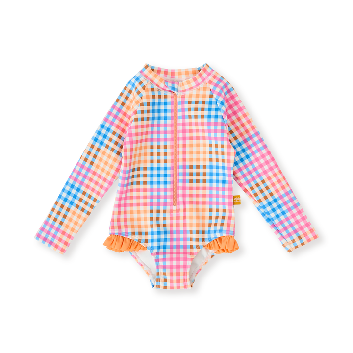 Goldie + Ace Rainbow Gingham Long Sleeve Frill Swimsuit