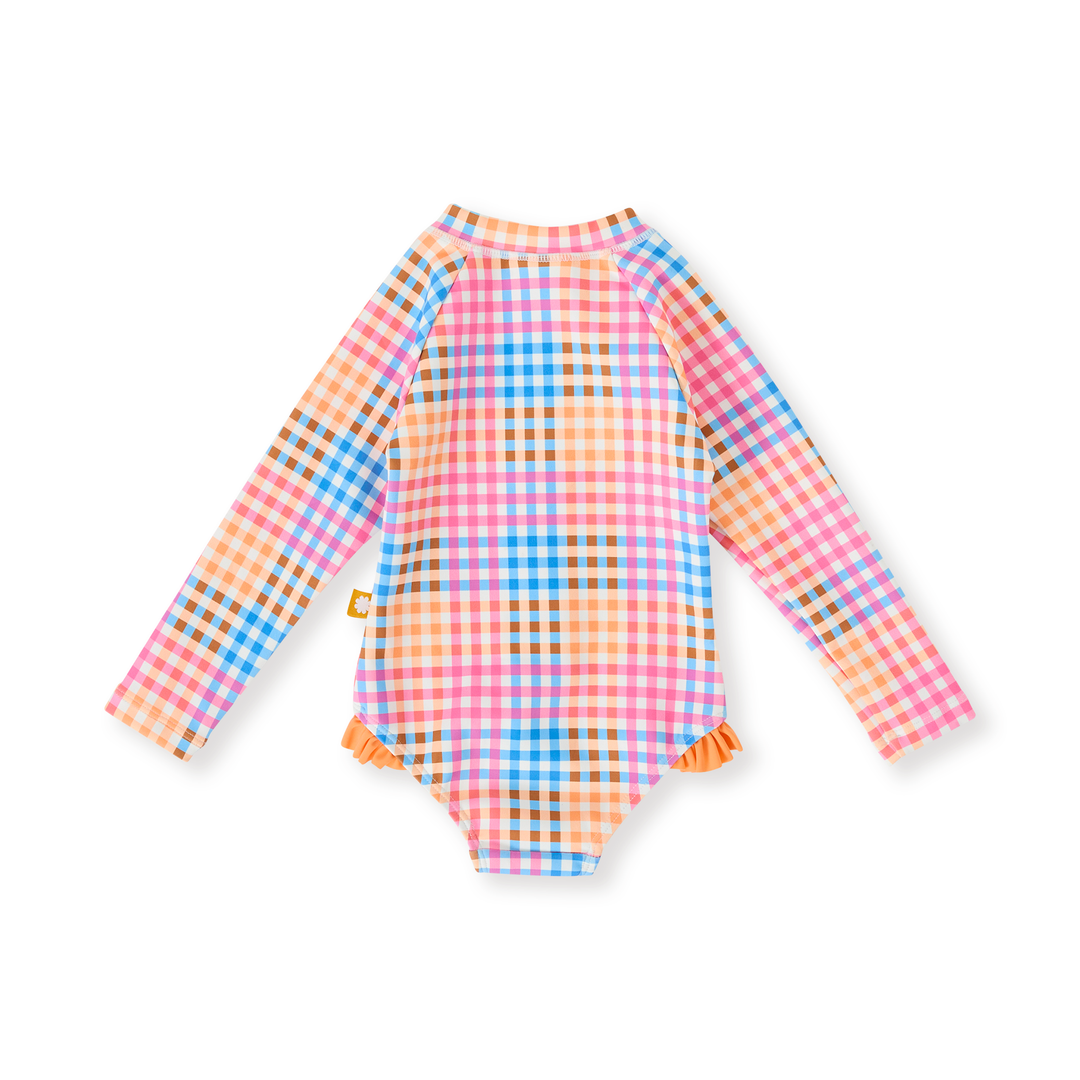 Goldie + Ace Rainbow Gingham Long Sleeve Frill Swimsuit