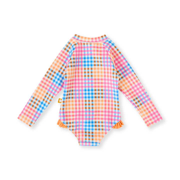 Goldie + Ace Rainbow Gingham Long Sleeve Frill Swimsuit