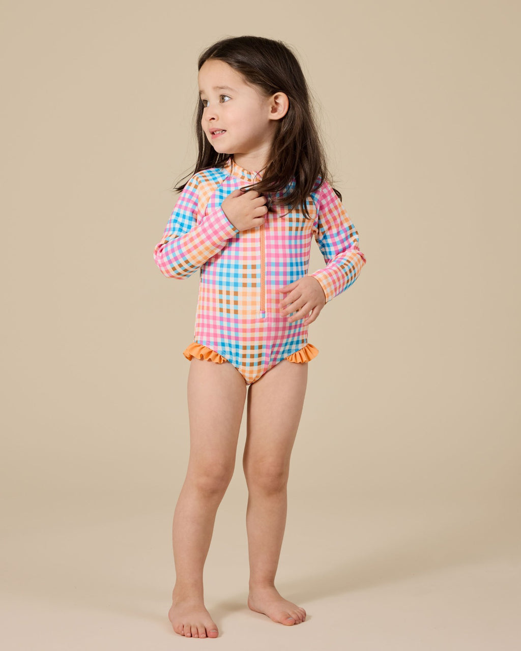 Goldie + Ace Rainbow Gingham Long Sleeve Frill Swimsuit