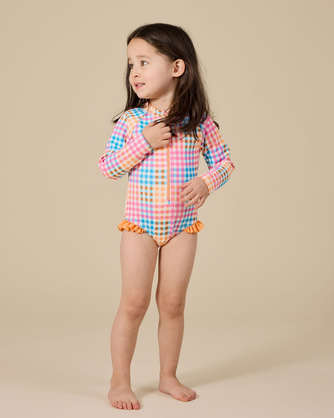Goldie + Ace Rainbow Gingham Long Sleeve Frill Swimsuit