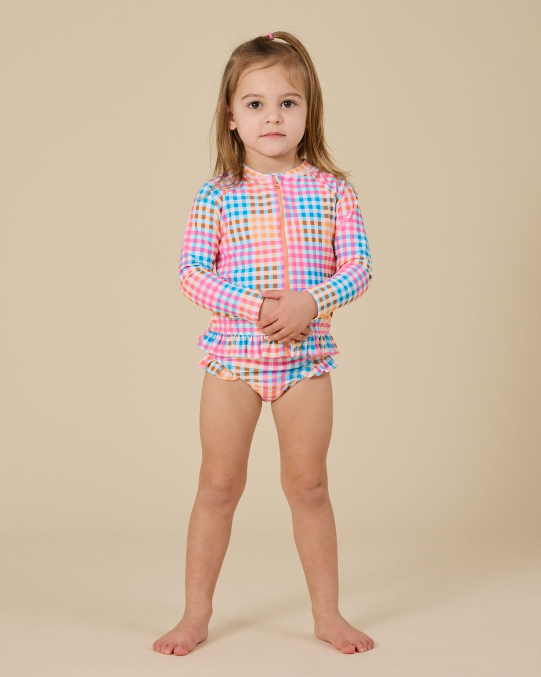 Goldie + Ace Rainbow Gingham Zip Up Rashguard
