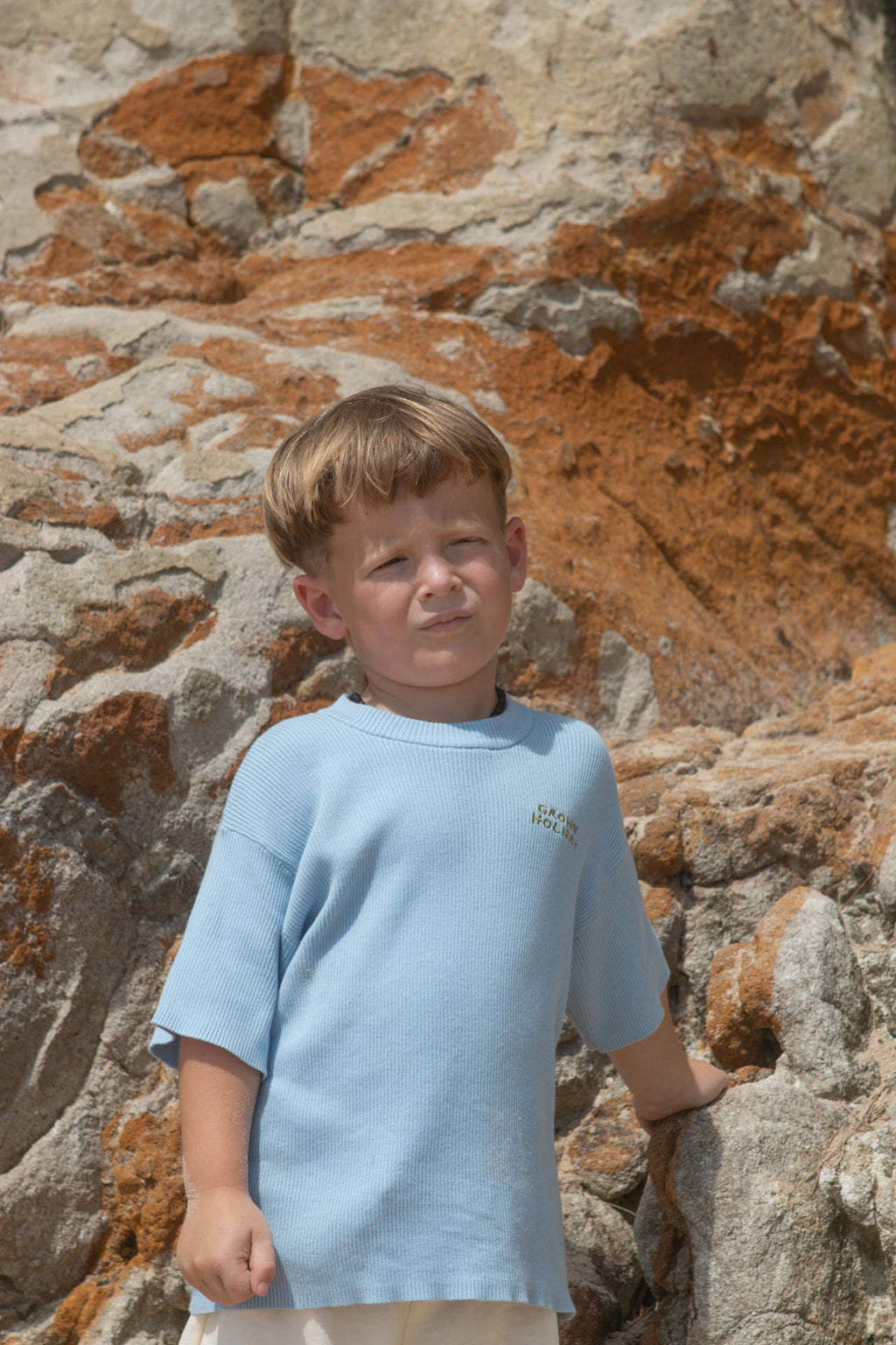 Organic Ribbed Knit Logo Tee - Ocean