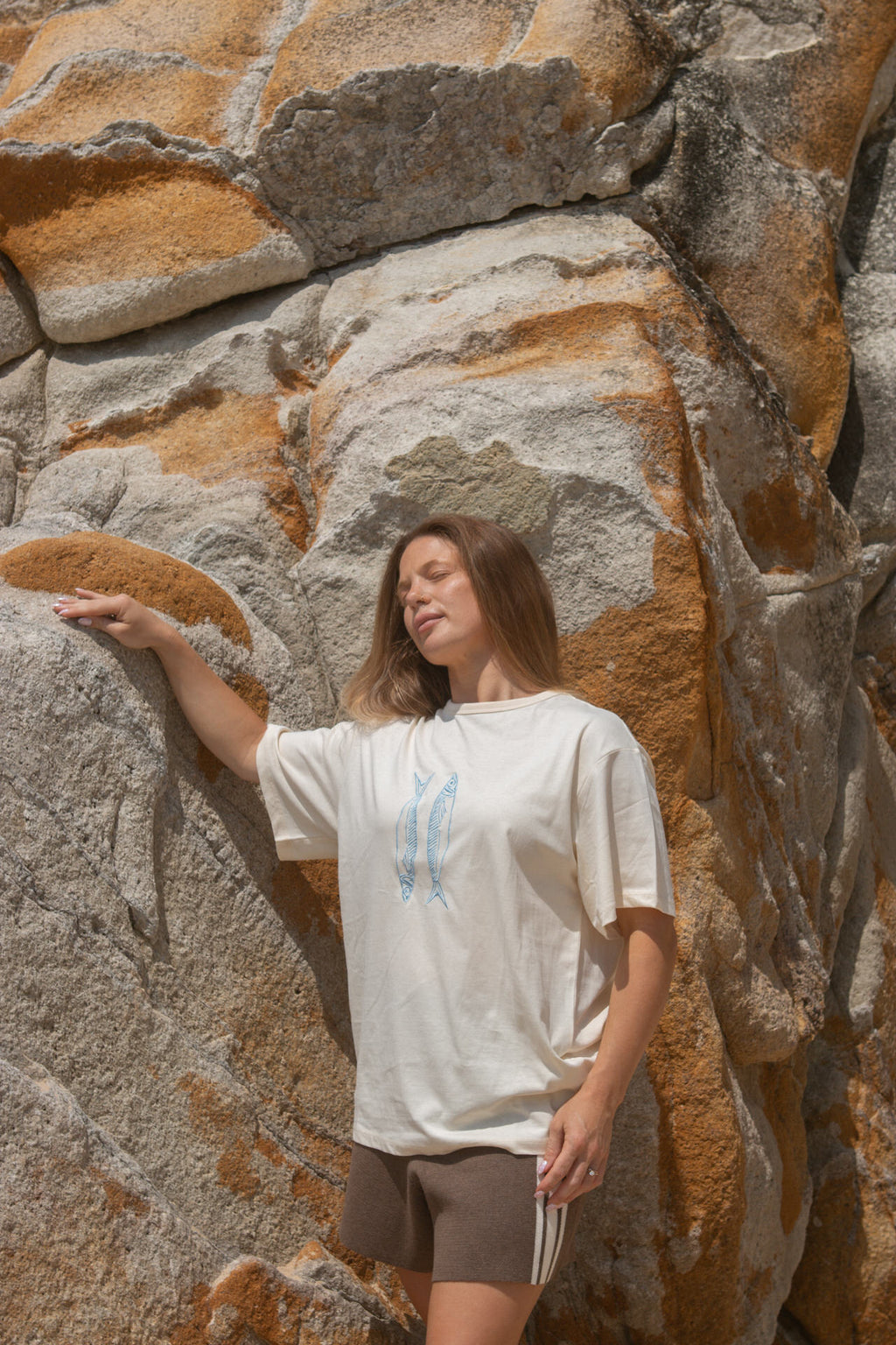 Ladies Organic Sardine Embroidered Tee - Milk