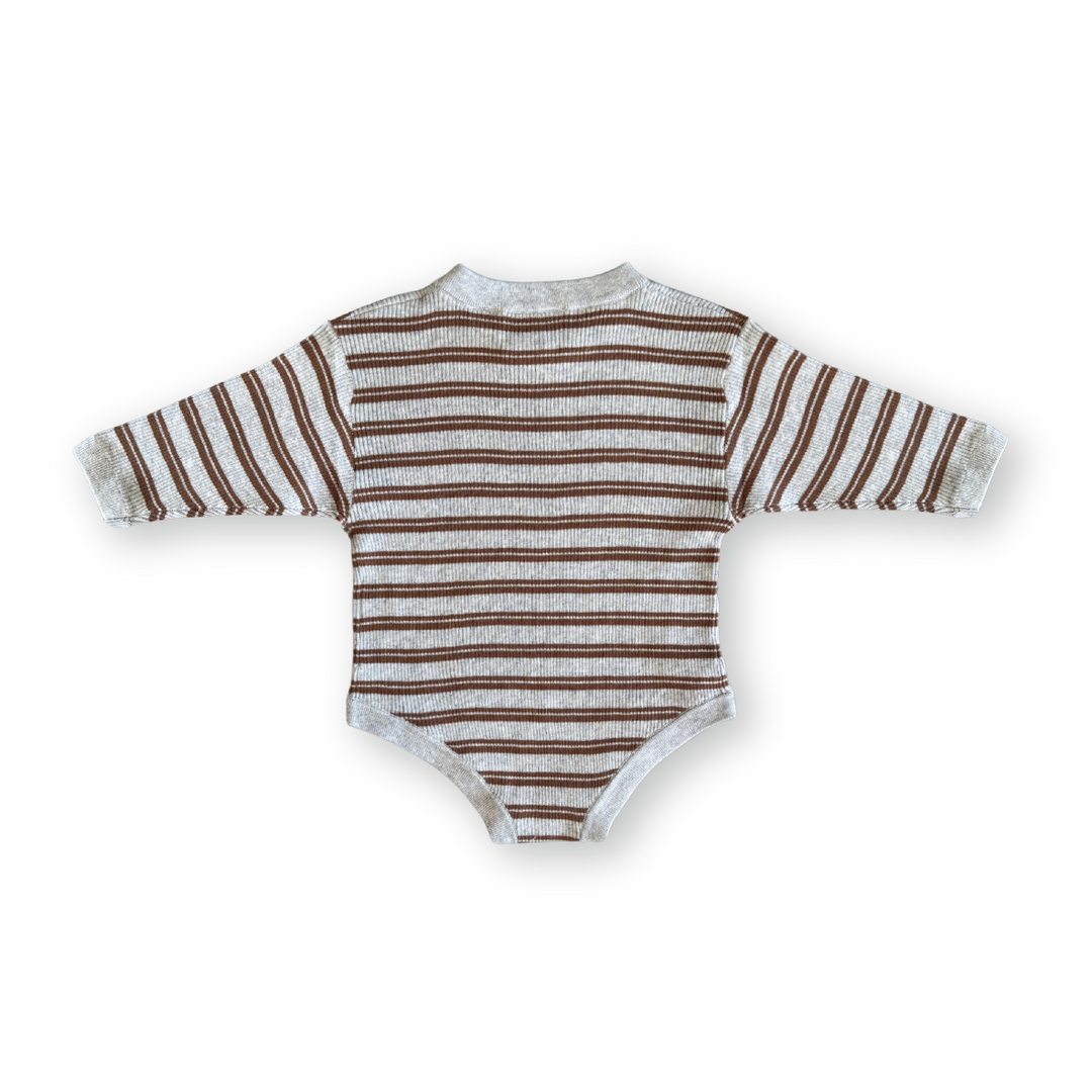 Grown Ribbed Stripe Romper - Grey Marle/Brown